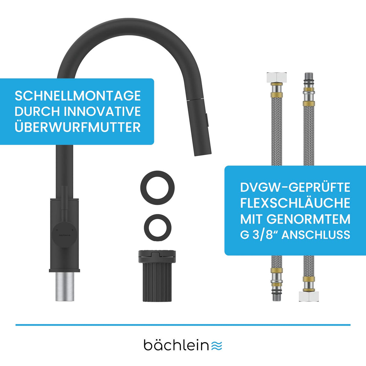 Bächlein Kitchen tap 360° rotatable (matt black) – single-hand basin tap made of stainless steel with pull-out hose and spray head with switch knob, tap for the kitchen