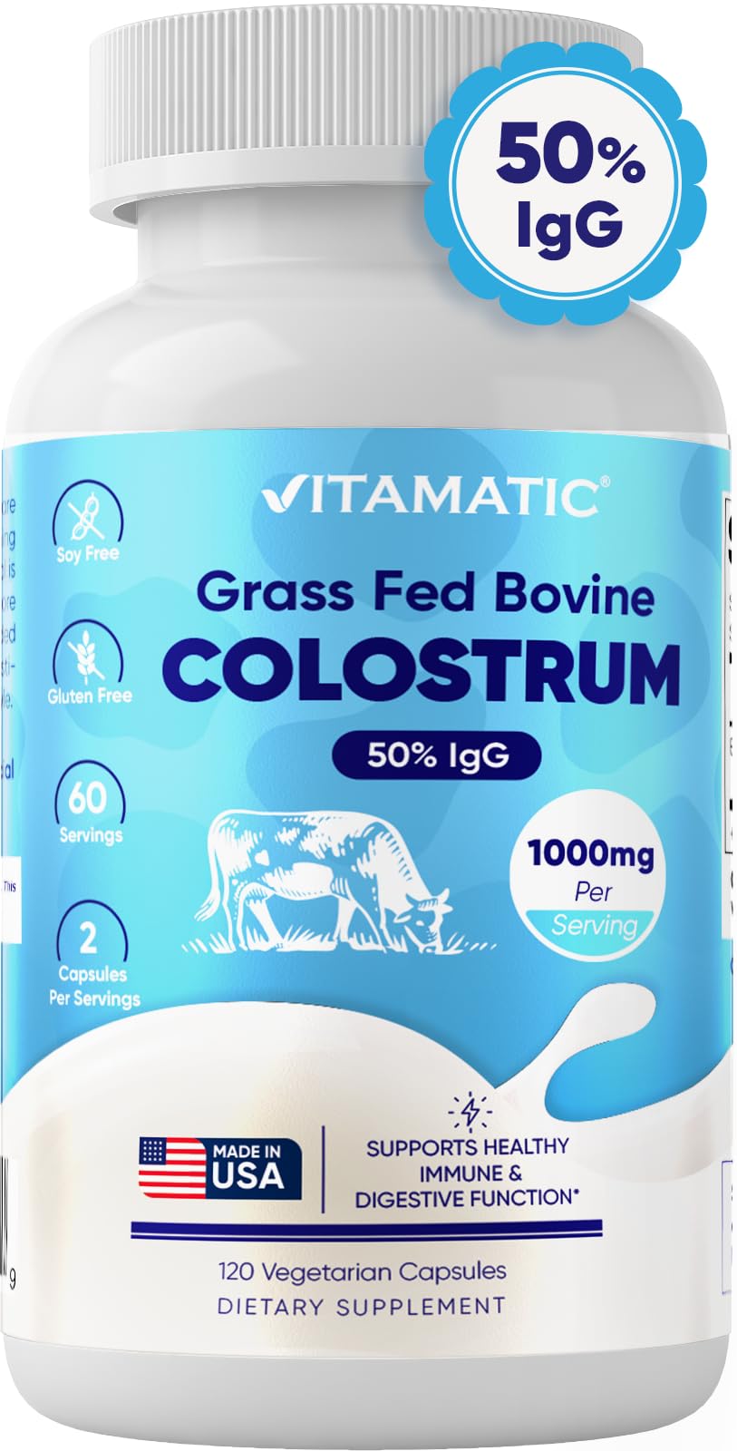Vitamatic Bovine Colostrum Supplement 1000 mg per Serving - 50% Highest IgG - Supplement for Gut Health, Hair Growth, Beauty, Muscle Recovery, & Immune Support - 120 Capsules