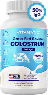 Vitamatic Bovine Colostrum Supplement 1000 mg per Serving - 50% Highest IgG - Supplement for Gut Health, Hair Growth, Beauty, Muscle Recovery, & Immune Support - 120 Capsules