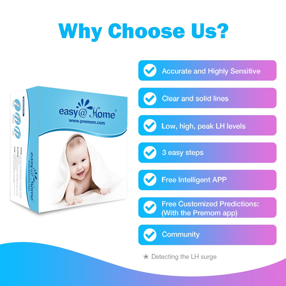 Easy@Home Ovulation Test Strips (50-Pack), FSA Eligible Ovulation Predictor Kit, Powered by Premom Ovulation Calculator iOS and Android APP, 50 LH Tests