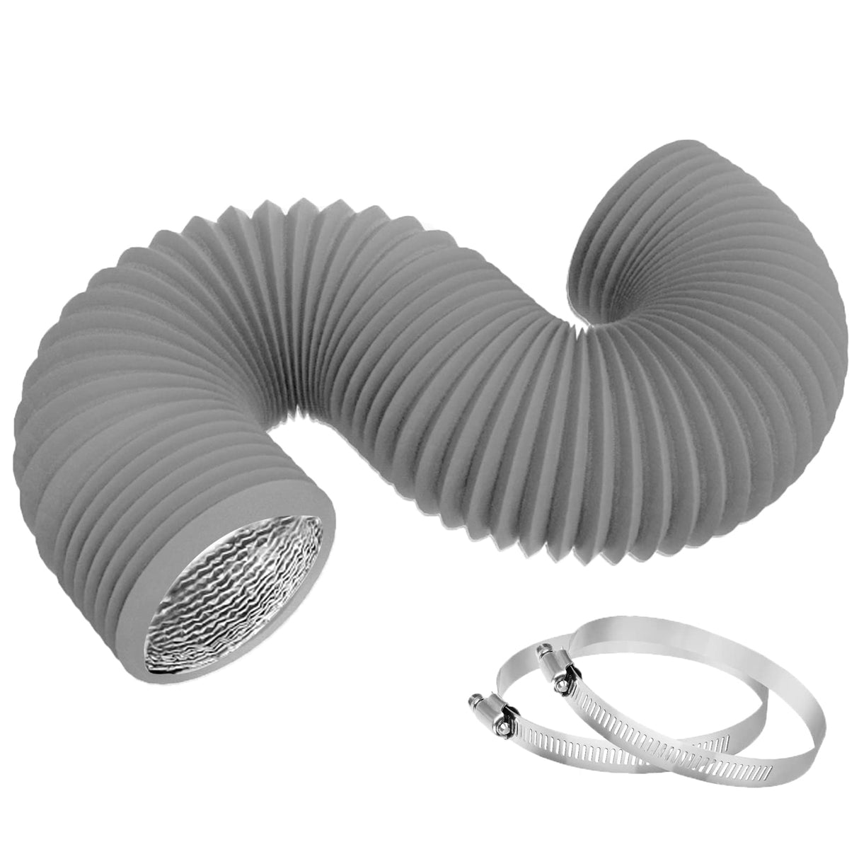 TEAIERXY 4 Inch 16FT Dryer Vent Hose,Flexible Insulated Air Ducting,Vent Hose PVC Aluminum Foil with 2 Clamps for HVAC Ventilation(Grey)
