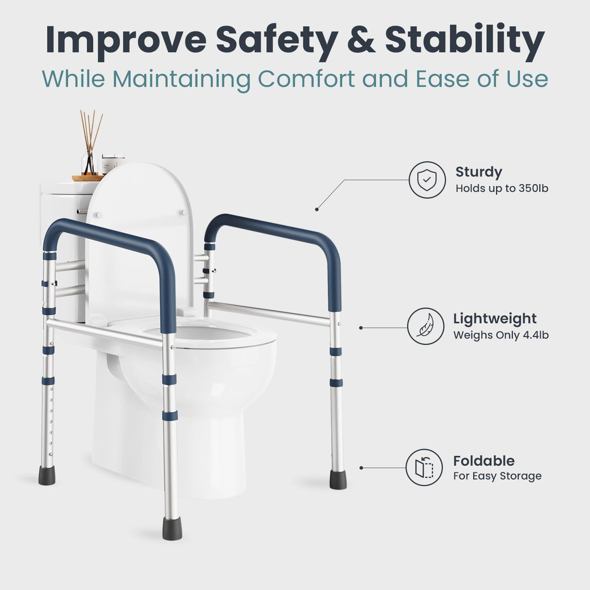 PELEGON Toilet Safety Rails (350 lb) - Adjustable Toilet Safety Frame & Rails, Toilet Safety Rail for Elderly Adults, Toilet Handles for Seniors, Toilet Bars for Elderly, Disabled & Handicap - Grey