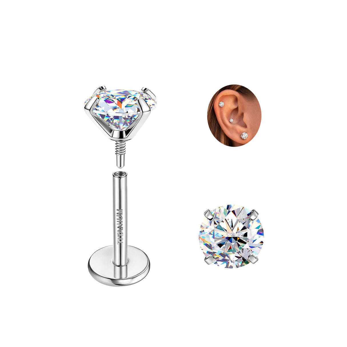 GEMQUEEN Moissanite Earrings Studs Flat Back Hypoallergenic : G23 Titanium Earring for Cartilage Internal Thread 18G Helix Tragus Conch Piercing Jewelry for Women Men D Color VVS1 1CT