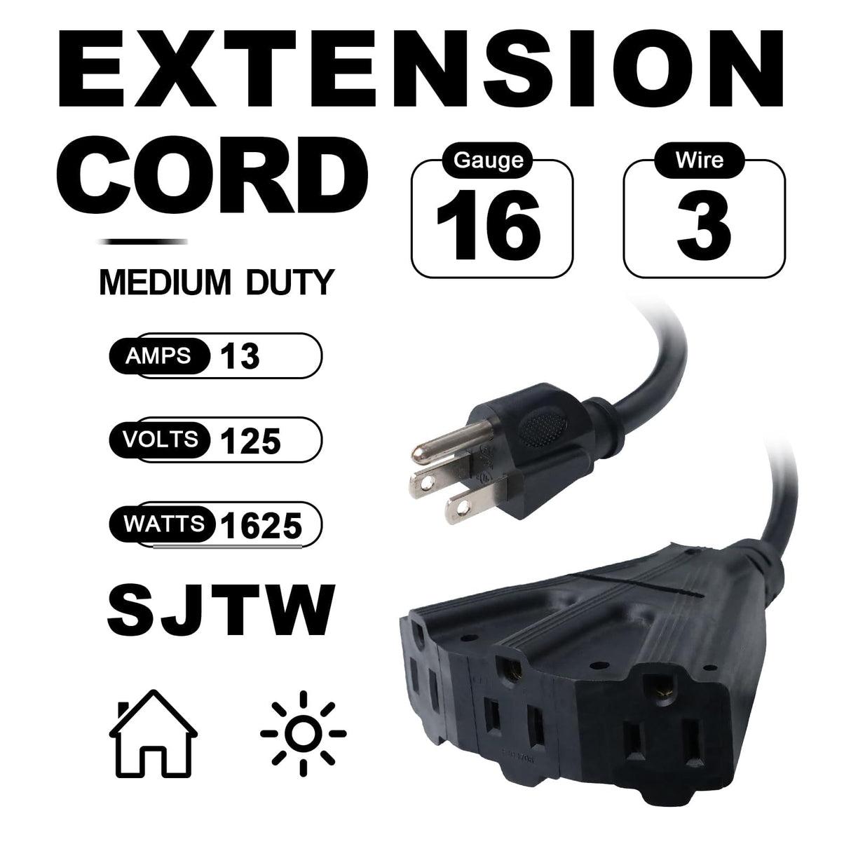 EP 50 Ft Outdoor Extension Cord with 3 Electrical Power Outlets - 16/3 SJTW Black Cable with 3 Prong Grounded Plug for Safety Great for Christmas Lights, Garden and Major Appliances