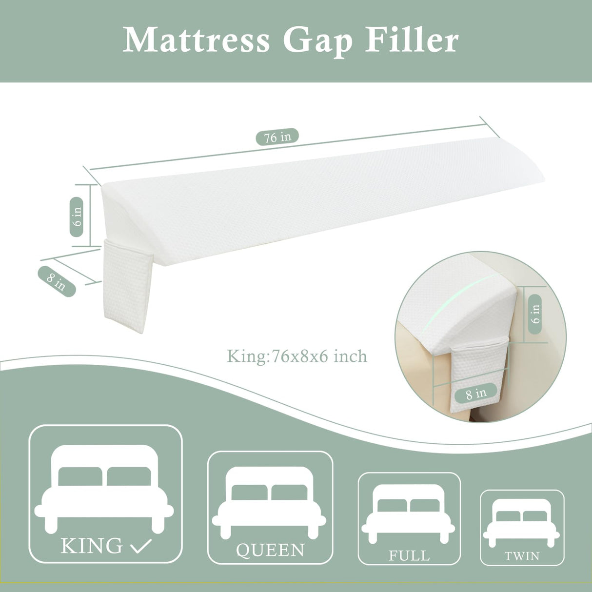 Voctriam Bed Wedge Gap Filler King (76"x 8"x 6") Wedge Pillow for Headboard Gap 0-8" Mattress Gap Filler Pillow to Fill The Gap Between Mattress and Wall with 2 Side Large Pockets