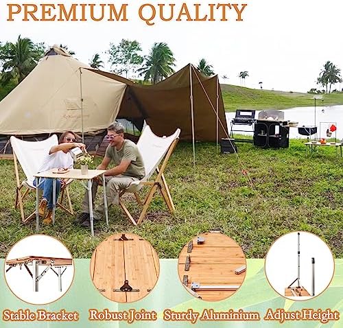 KingCamp Bamboo Folding Table Environmental Camping Table with Adjustable Height Aluminum Legs Heavy Duty 4-Folds Portable Camp Tables for Travel, Picnic, Party, Beach, 1-2 People