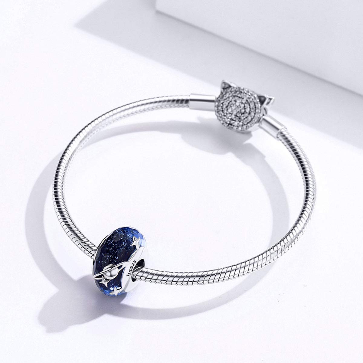 BISAER 925 Sterling Silver Murano Glass Charms Lampwork Star Beads Charm for Bracelet Blue Planet