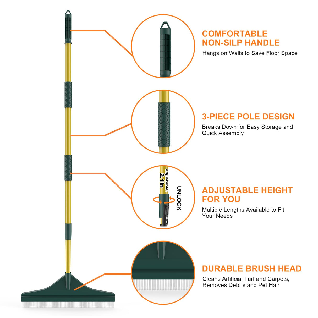 Artificial Turf Rake with Steel Telescopic Handle, 32 to 55 Inch 3 Piece-Pole Easy Storage Design, Garden Hand Boom Rake for Artificial Grass, Carpet Pet Hair, Lawn Leaves and Debris Remove, Yellow