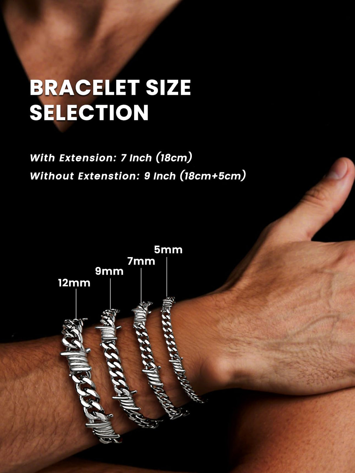 Bestyle Stainless Steel Barbed Wire Bracelets 9mm Thick Heavy Men Hand Chain Unisex Silver Cuban Chain Bracelet Punk Gothic Bracelets for Men Women