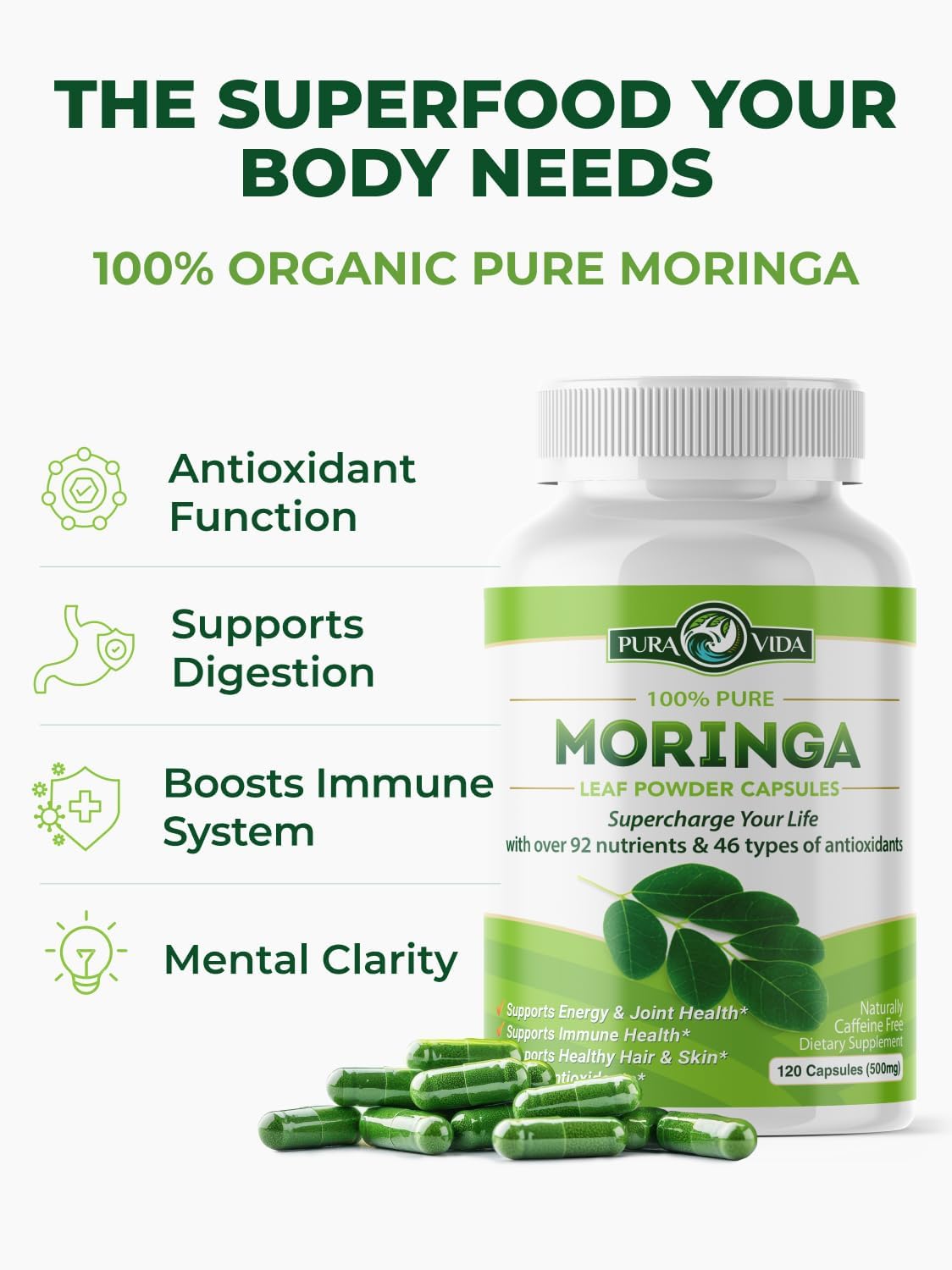 PURA VIDA MORINGA Capsules Single Origin Moringa Powder Organic. Moringa Leaf. Energy, Metabolism, & Immune Support. 120ct. 500mg Caps.