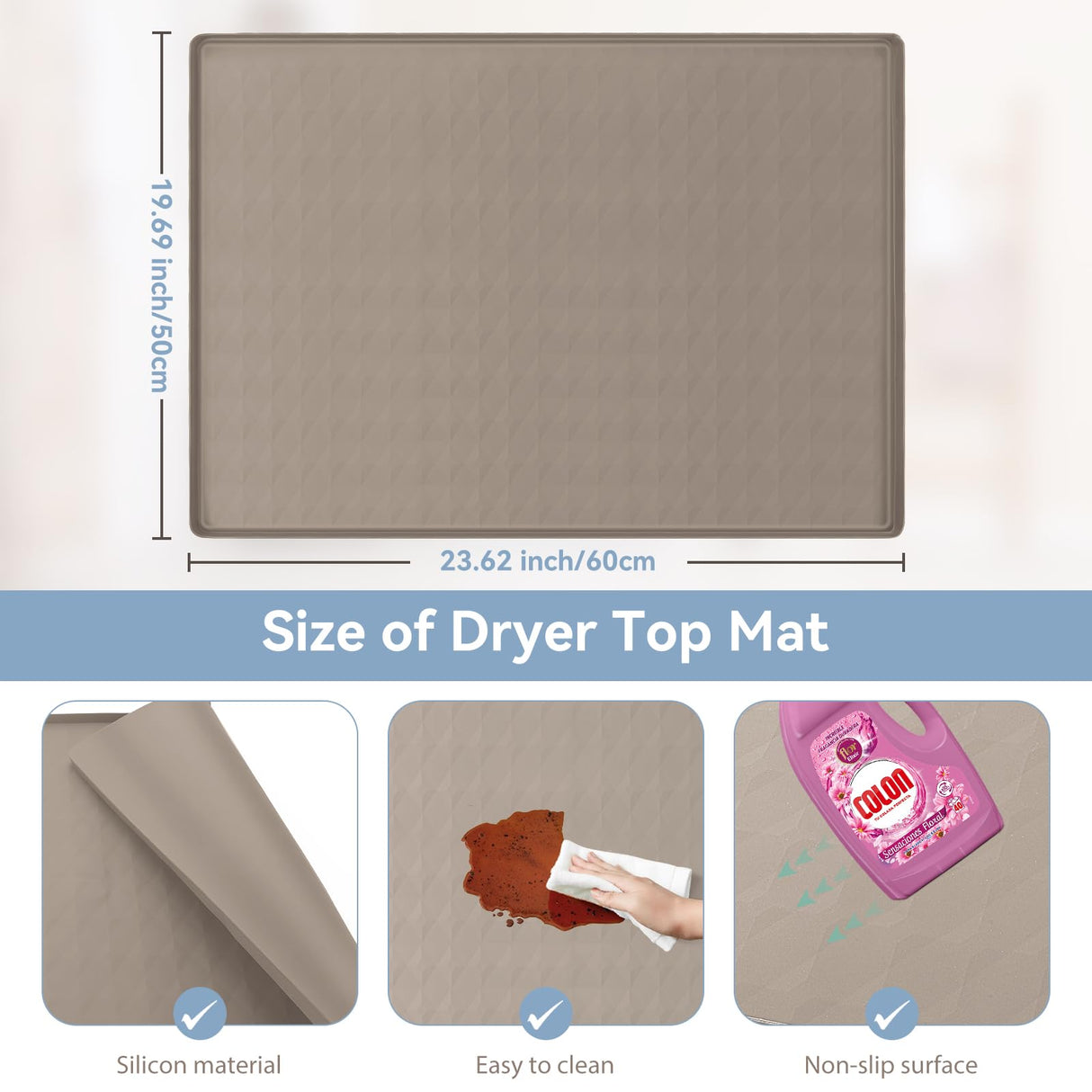 Garolue Washer and Dryer Covers for the Top, 23.6'' x 19.7'' Silicone Rubber Mat for Laudry Machine & Dryer,Non-slip Heavy Duty Waterproof Washable Top Protector Mat Pad for Laundry & Kitchen,Apricot