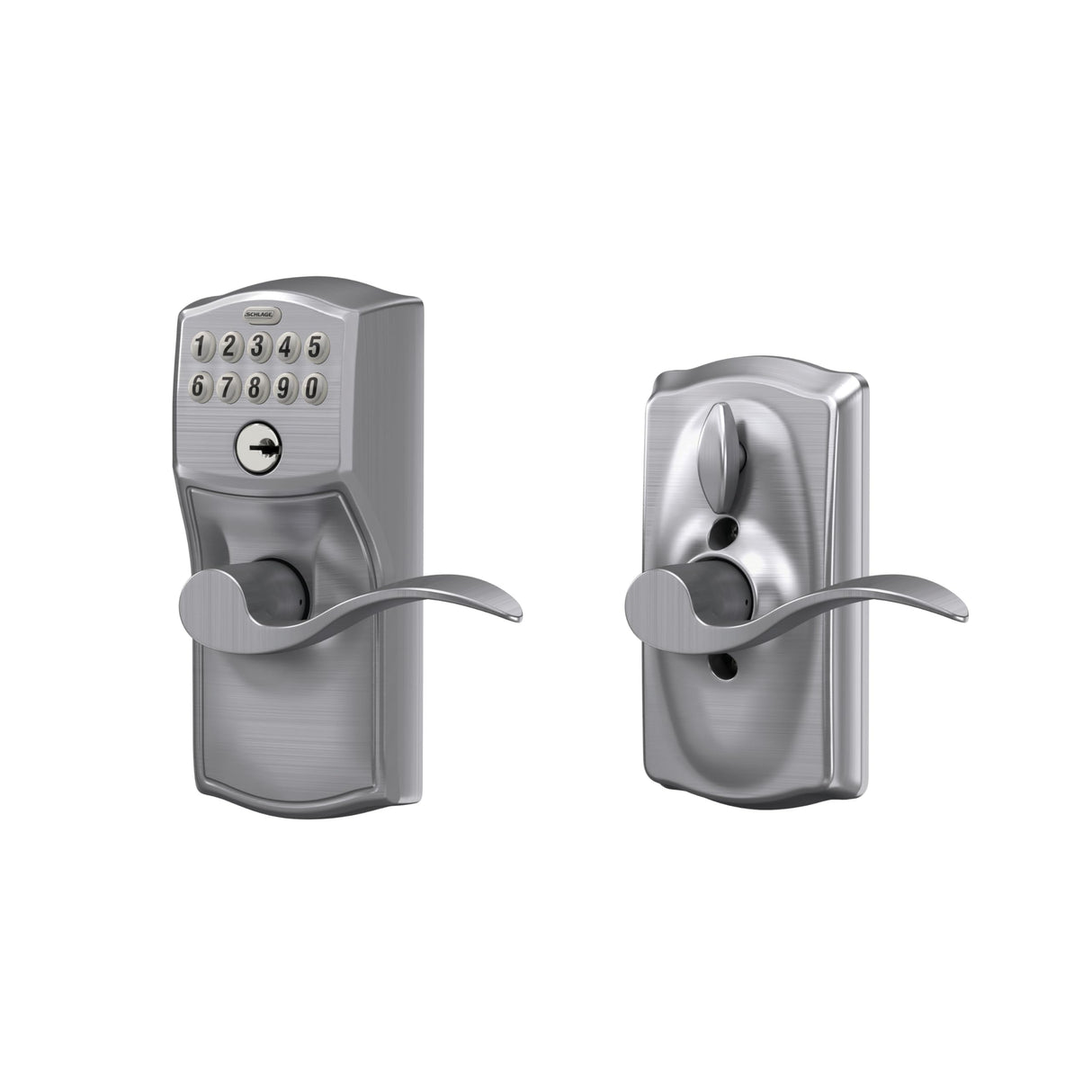 Schlage Camelot Keypad Lock with Lever Handle, Electronic Keyless Door Entry, Flex Lock Auto‑Lock Option, Satin Chrome, FE595 CAM 626 ACC