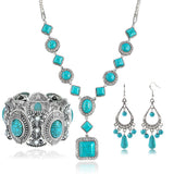 Bluegoog 3 Pieces Bohemian Turquoise Necklace for Women Western Jewelry Boho Necklace Set Vintage Pendant Long Choker Alloy Turquoise Dangle Earrings Layered Bracelets
