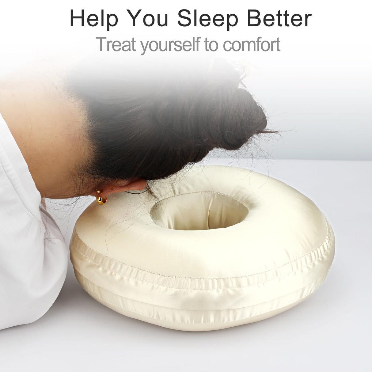 Washable Silky Satin Ear Piercing Pillow with Removable Pillowcase Smooth Cooling Donut Pillows Hole for Ear Pain Relief CNH Sleeping Pressure Sore Side Sleepers Ear Guard Protector, Champagne