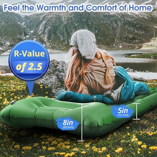 Camping Sleeping Pads，Extra Thick 5 Inch Inflatable Sleeping Mat with Pillow Built-in Pump，Oversized Mattress Super Portable Backpacking Sleeping Pad (Green, Single)
