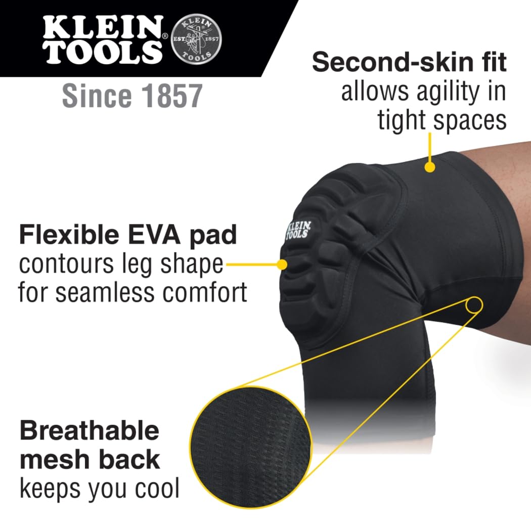 Klein Tools 60592 Knee Pads, Lightweight Padded Knee Sleeves, Breathable Mesh Back, Elastic Cuff with Slip-Resistant Silicone, Black, L/XL