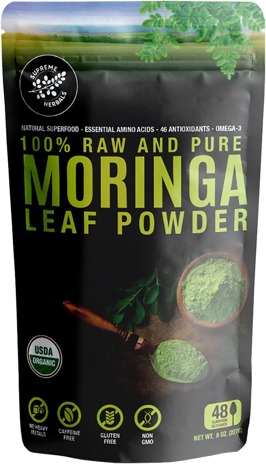 SUPREME HERBALS, 100% Raw and Pure Moringa Leaf Powder. Organic Certified Moringa Leaf. Natural Superfood with Essential Amino Acids, Antioxidants, and Omega 3, 8 oz Resealable Bag.