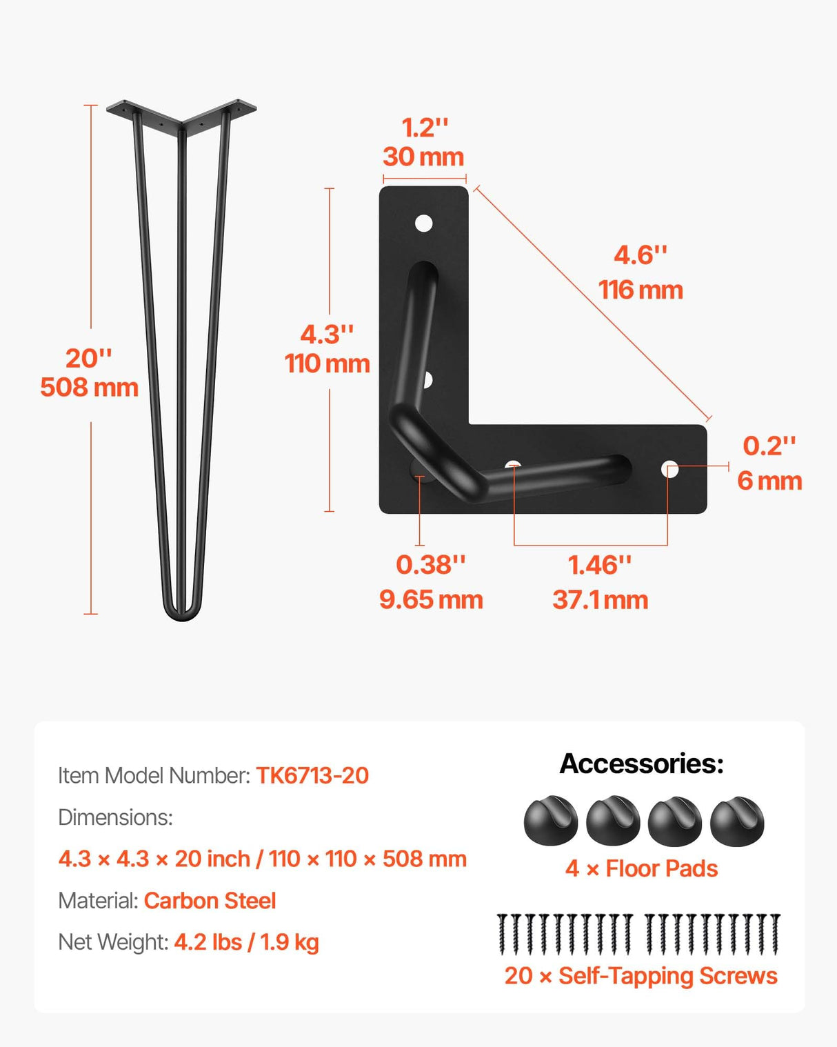 VEVOR Hairpin Table Legs 20" Black Set of 4 Desk Legs 880lbs Load Capacity (Each 220lbs) Hairpin Desk Legs 3 Rods for Bench Desk Dining End Table Chairs Carbon Steel DIY Heavy Duty Furniture Legs