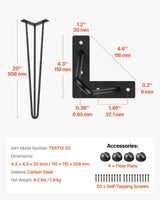 VEVOR Hairpin Table Legs 20" Black Set of 4 Desk Legs 880lbs Load Capacity (Each 220lbs) Hairpin Desk Legs 3 Rods for Bench Desk Dining End Table Chairs Carbon Steel DIY Heavy Duty Furniture Legs