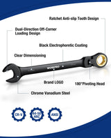 WORKPRO Ratcheting Combination Wrench Set, 8-piece Flex-Head Anti-Slip Set Metric 8-17 mm, 72-Teeth, Cr-V Constructed, Black Electrophoretic Coating with Rolling Pouch