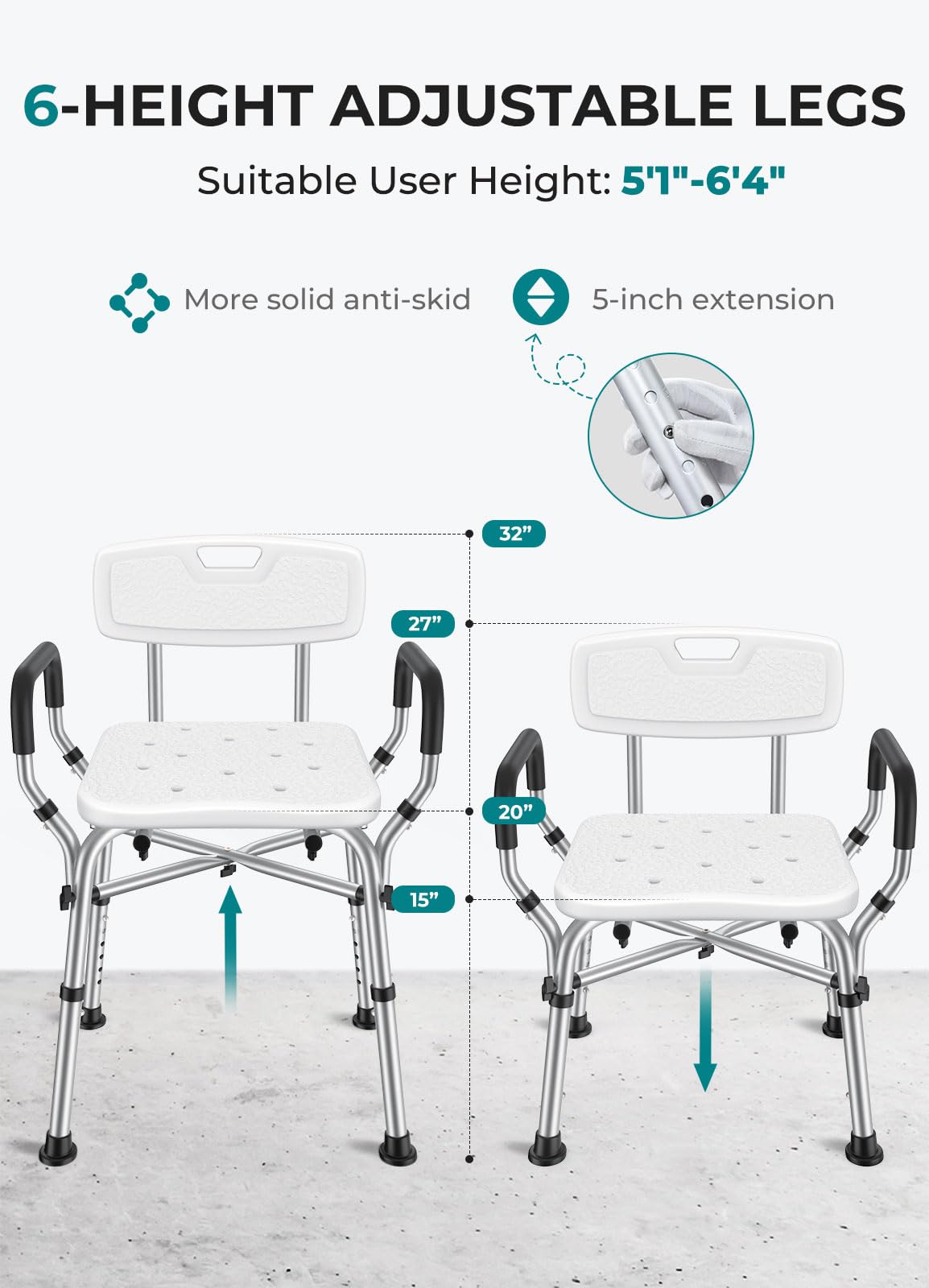 VFAUOSIT Shower Chair for Elderly and Disabled, 550 lbs Shower Chair for Inside Shower with Arms and Back, FSA/HSA 6-Height Shower Seats for Adults with Shower Bag, Bath Chairs for Seniors Inside Tub