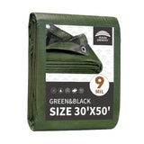 RAINDEWAY Tarps 30x50 Feet,Large Tarp Waterproof,9Mil Thick Finished Size, Multipurpose Poly Tarp Cover with Metal Grommets and Reinforced Edges,Green/Black Tarpaulin