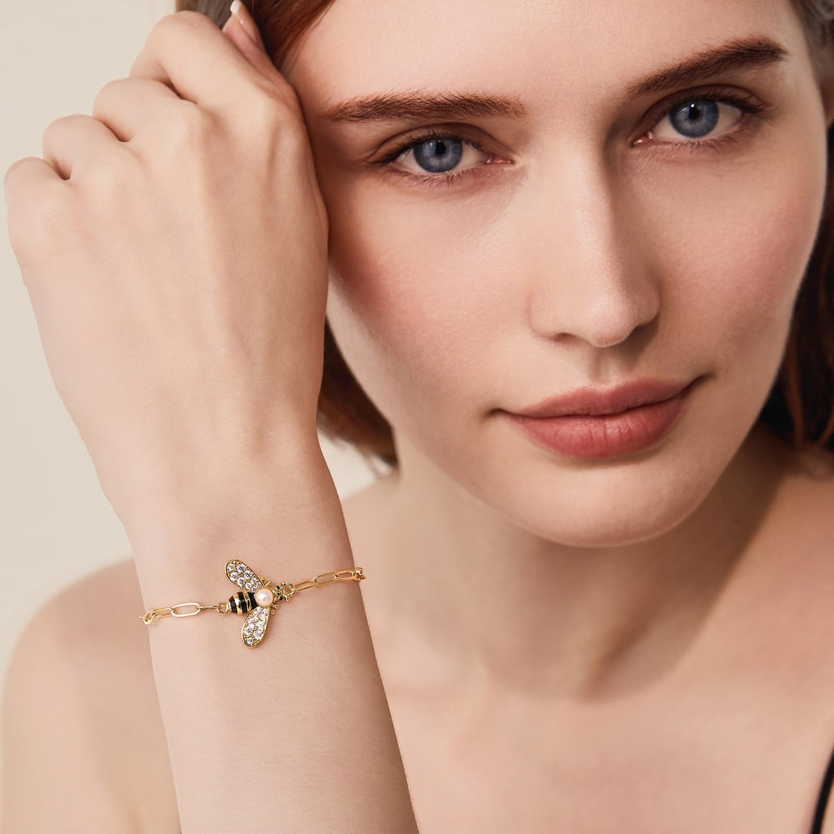 Cicy Bell Bracelets for Women Bumble Bee 18K Gold Plated Bracelets Oval Pearl Cubic Zirconia Figaro Chain Trendy Cute Animal Jewelry Gift