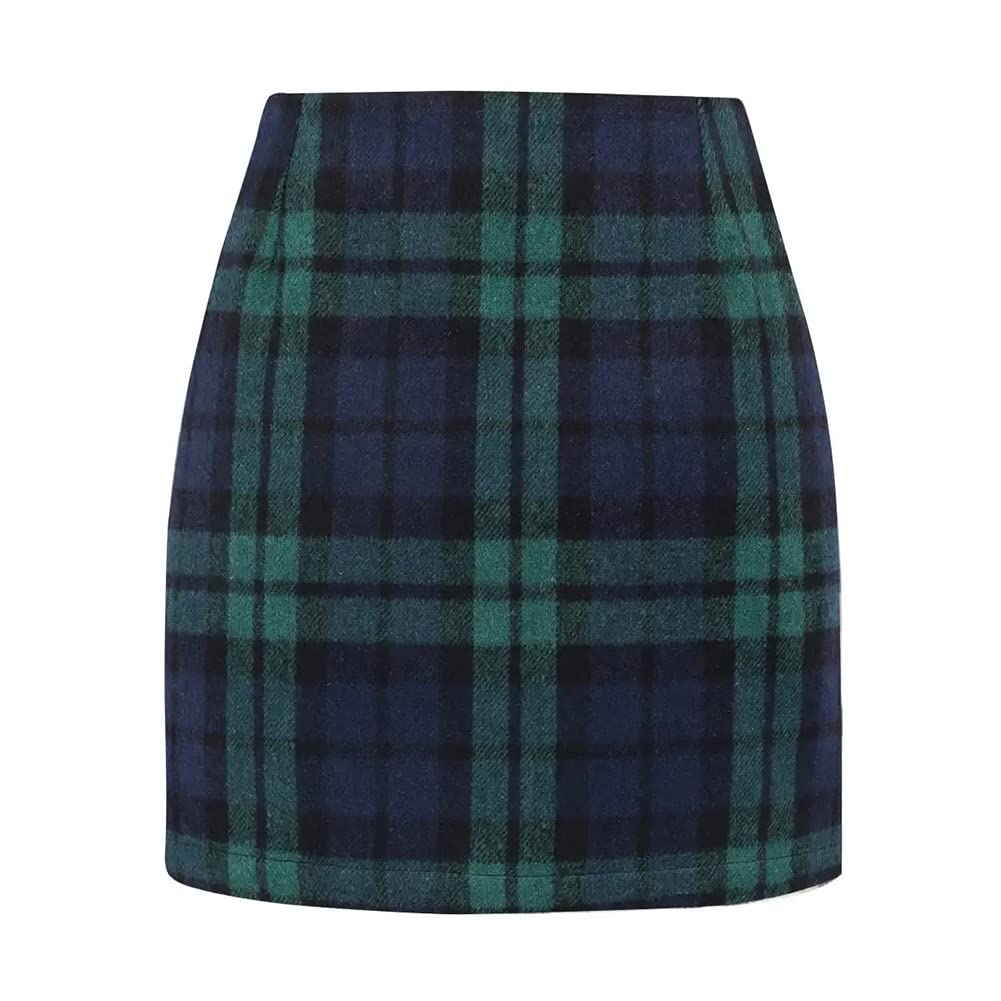 Kinghua Green Plaid Skirt Christmas Dresses for Women 2025 Winter Clothes Outfits Wool Tartan Flannel Tweed Mini Skirt (Green, L)
