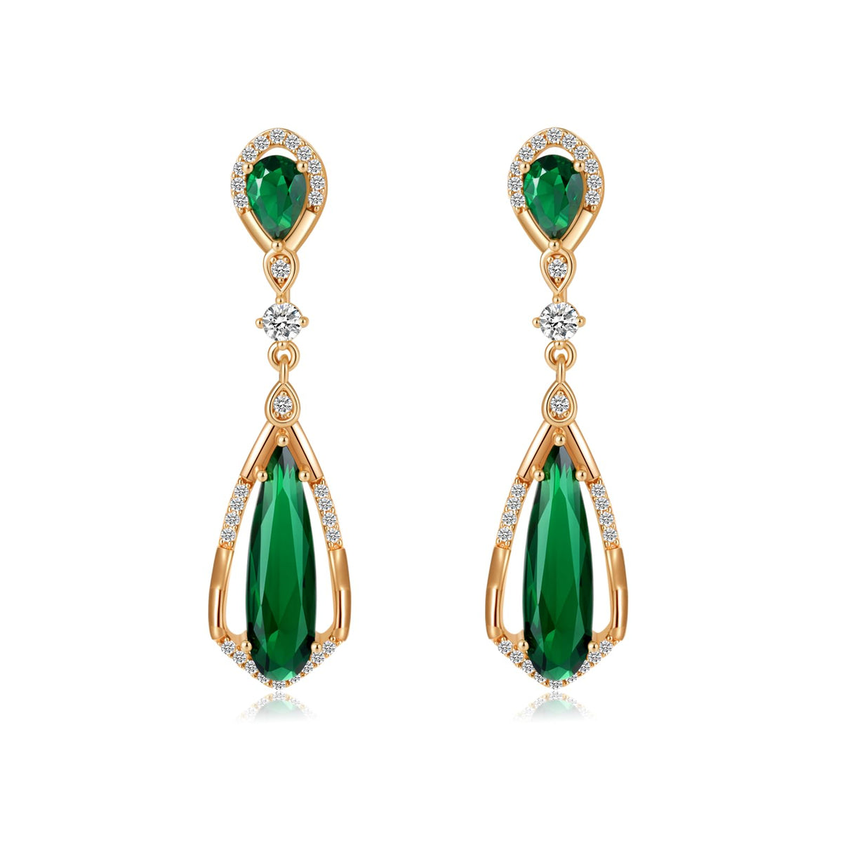 Hpoewre Vintage Emerald Green Teardrop Earrings,925 Sterling Silver Posts & 18K Gold-Plated Brass Drops,Cubic Zirconia Dangle Earrings for Women (Vintage)