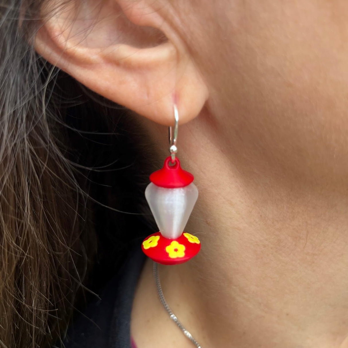 Generic Hummingbird Feeder Dangle Earrings, Red Plastic Hummingbird Earings, Red Stone