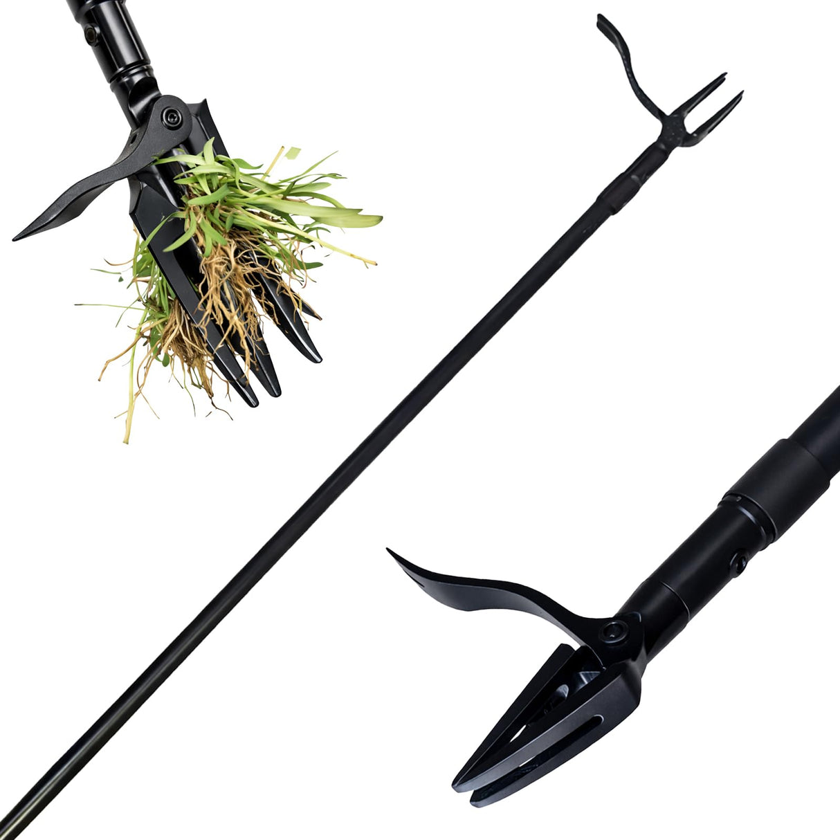 Vornilo All Black Stand Up Weed Puller 53 Inch Manual Weed Remover Tool Heavy Duty Metal Long Handle Root Removal Weeder with Reinforced Claw and Three Section Steel Shaft for Garden Lawn Yard Use