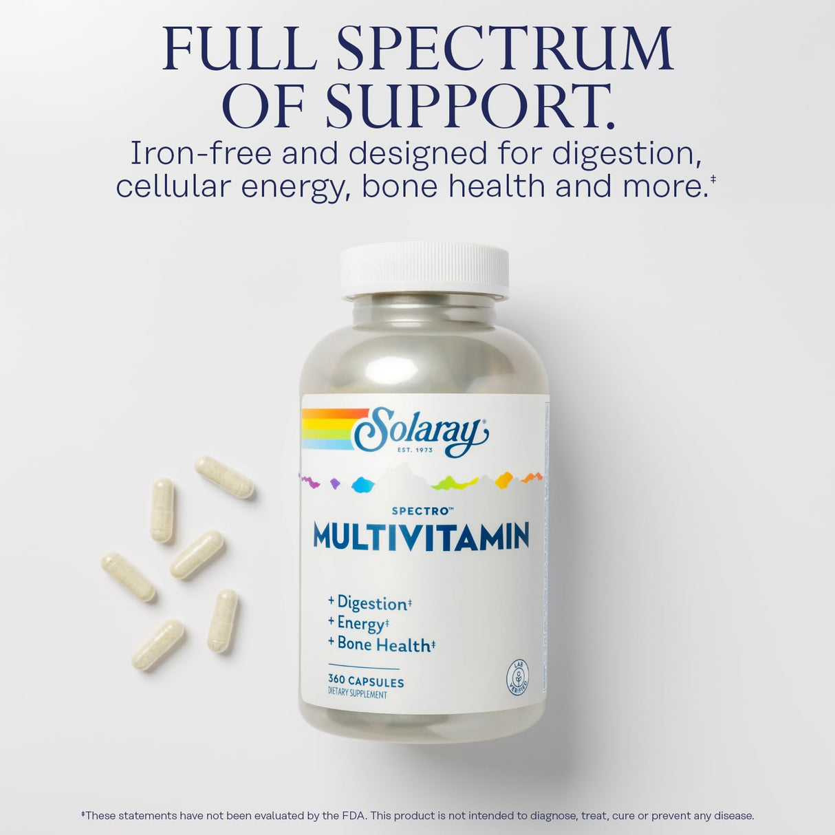 SOLARAY Spectro Multivitamin, Iron Free - Multi Vitamin w/Calcium, Magnesium, Energizing Greens, Digestive Enzymes - Digestion, Cellular Energy, Bone Health, Immune Support, 60 Servings, 360 Capsules