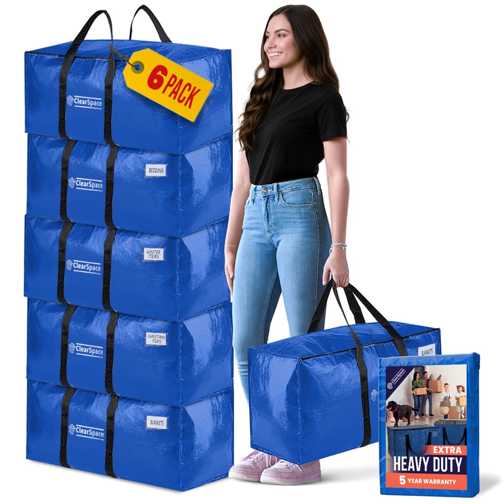 ClearSpace Heavy Duty Moving Bags or Storage Bag – Large Moving Boxes with Backpack Straps, Zippers & Handles – Perfect for Moving, College Dorm, Traveling, Camping, Christmas Decorations, 6 Pack