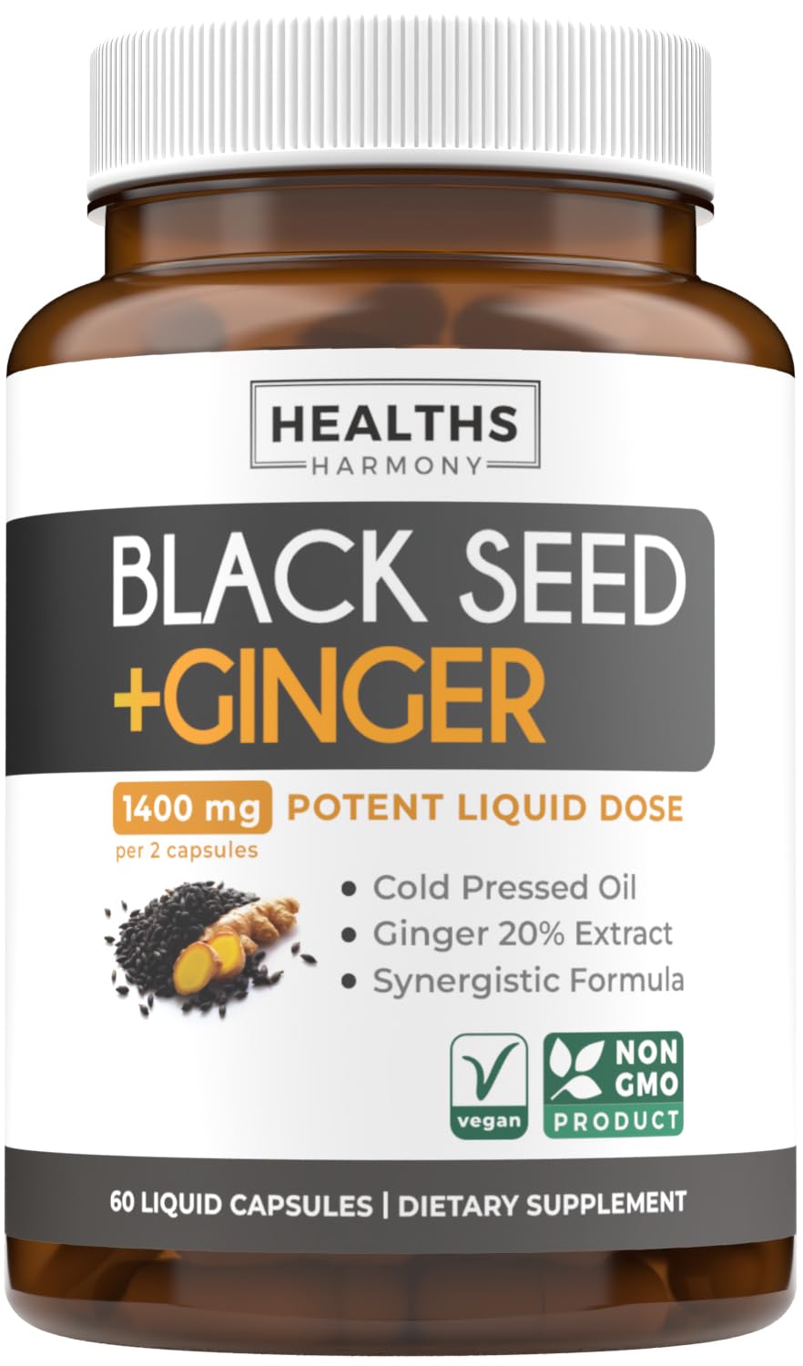 Cold-Pressed Black Seed Oil Capsules - Vegan Non-GMO Nigella Sativa Black Seed Oil Supplement with Ginger Extract for Wellness & Digestive Health Support - Gingerol & Thymoquinone-Rich (1 Month)