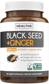Cold-Pressed Black Seed Oil Capsules - Vegan Non-GMO Nigella Sativa Black Seed Oil Supplement with Ginger Extract for Wellness & Digestive Health Support - Gingerol & Thymoquinone-Rich (1 Month)