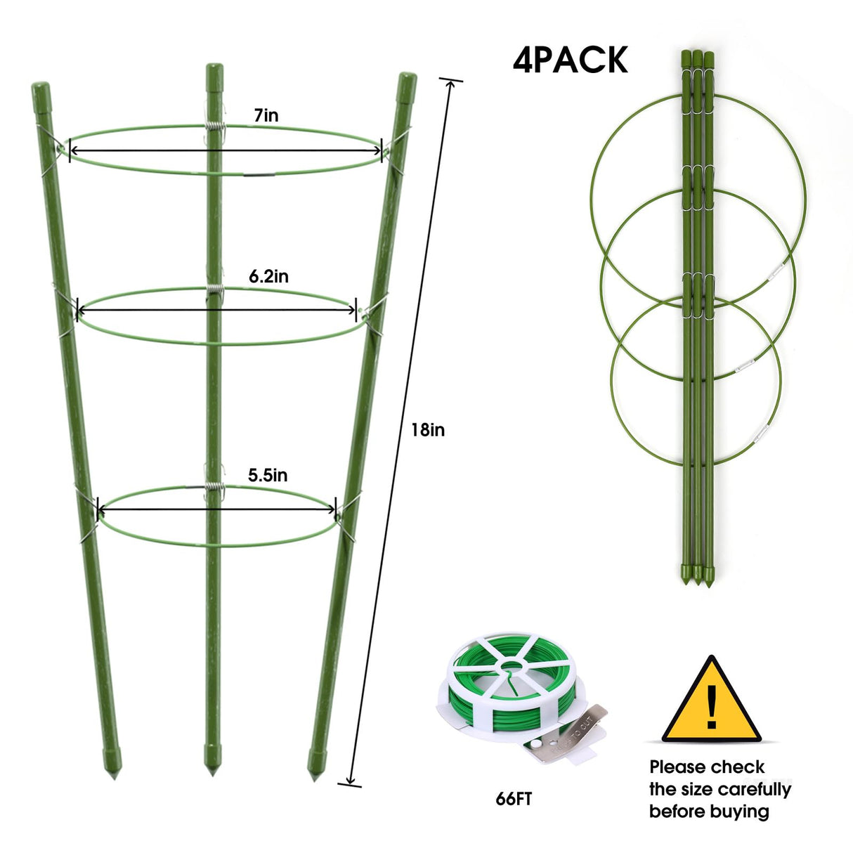 TOCCYARD 4 Pack Plant Support Tomato Cages for Garden, 18 Inches Small Tomato Cages and Supports with Adjustable Rings for Garden Pots, Plant Stakes Tomato Trellis Rings for Climbing Plants