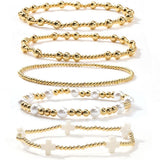 Dainty 14K Gold Beaded Cross Bracelet Stack for Women,Bohemian Stretch Pearl Gold Plated Ball Beads Non Tarnish Stackable Bracelets Set Fashion Prom Holiday Accessories Jewelry Gift Friendship