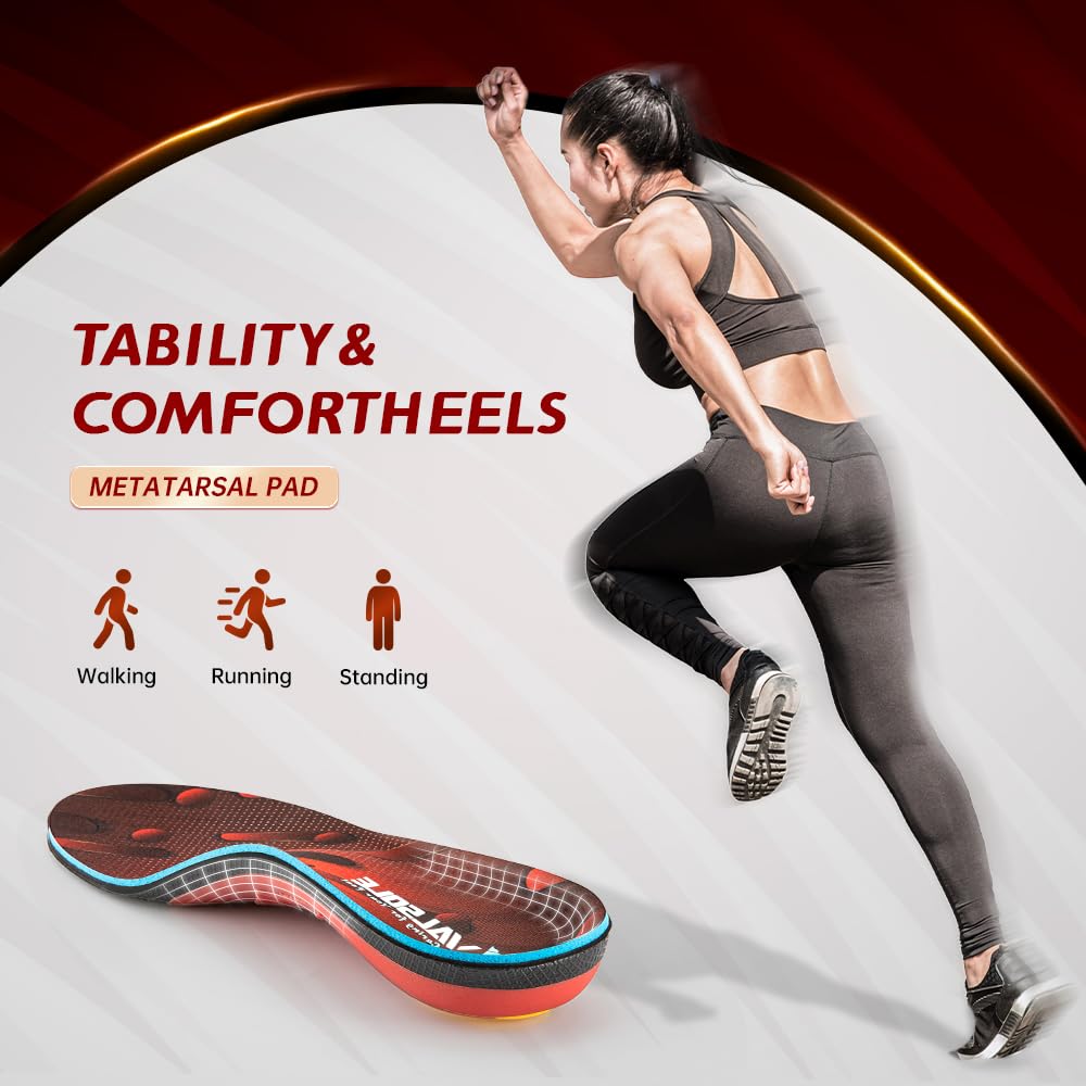 VALSOLE Heavy Duty Support Pain Relief Orthotics - 220+ lbs Plantar Fasciitis High Arch Support Insoles for Men Women,Flat Feet Orthotic Insert,Work Boot Shoe Insole,Absorb Shock with Every Step(Red)