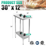 STABLEINK NSF Stainless Steel Table 30 x 12 Inches, Metal Prep & Work Table with Adjustable Undershelf, for Commercial Kitchen, Restaurant, Hotel and Garage，Small Tables