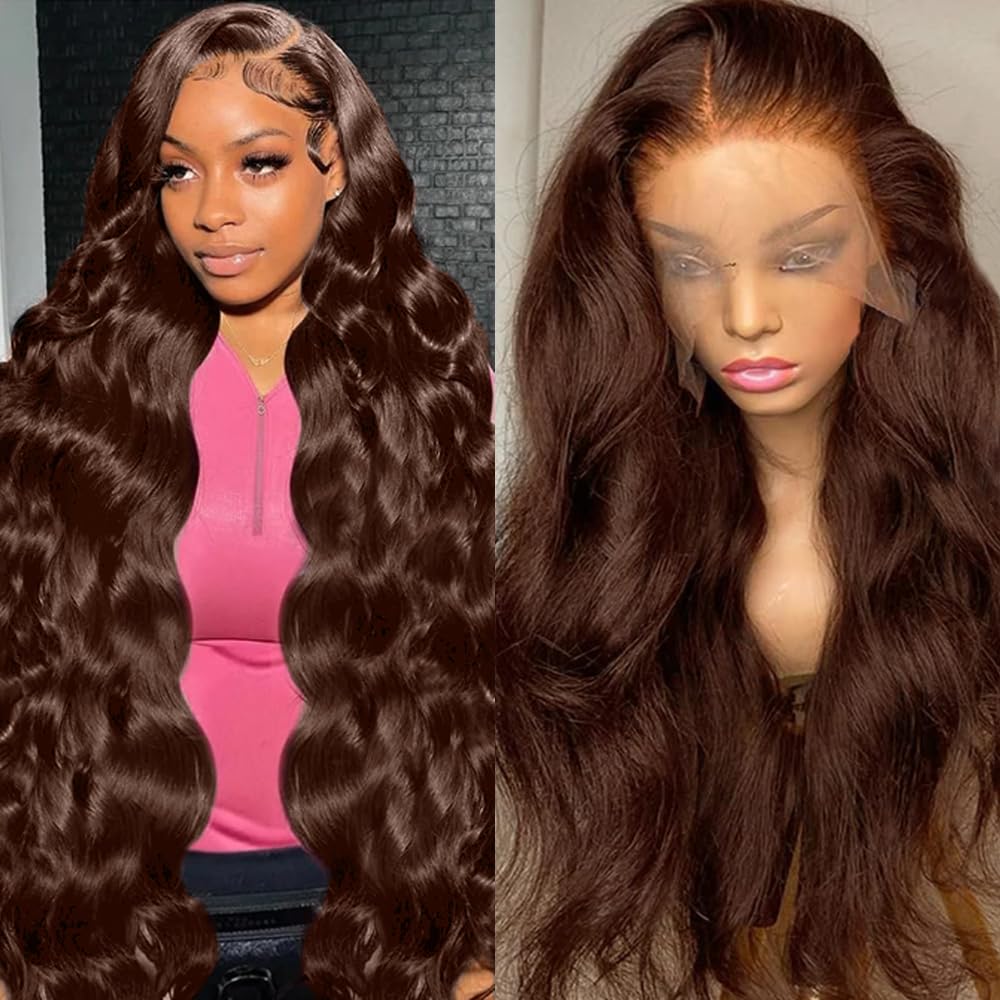 13x6 Chocolate Brown Lace Front Wig Human Hair HD Transparent Body Wave Lace Front Wigs Human Hair Pre Plucked Glueless Frontal Brown Wig Human Hair 180 Density #4. (13X6 Chocolate Brown Wig, 28inch)