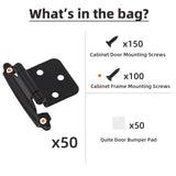 Decobasics 1/2" Overlay Matte Black Cabinet Hinges 50 Pack (25 Pair) Self Closing Bath & Kitchen Cabinet Hinges Black Flush Mount w/Door Bumpers & Upgraded Screws