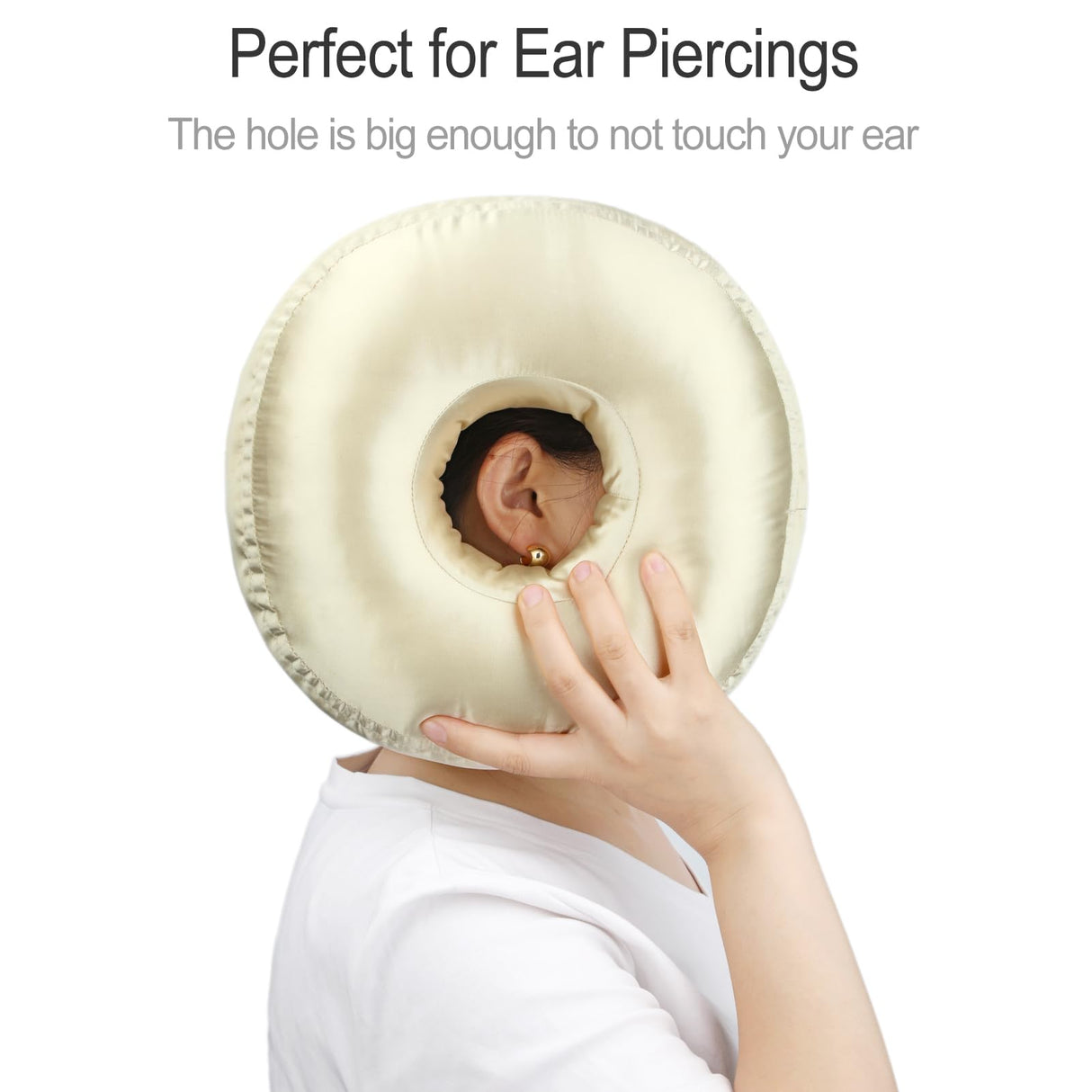 Washable Silky Satin Ear Piercing Pillow with Removable Pillowcase Smooth Cooling Donut Pillows Hole for Ear Pain Relief CNH Sleeping Pressure Sore Side Sleepers Ear Guard Protector, Champagne