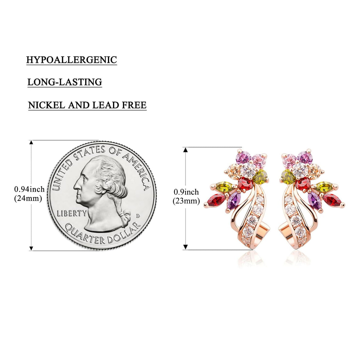 BISAER Rose Gold Multicolor CZ Flower Stud Earrings for Women Lady Trendy