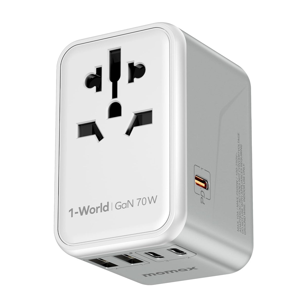 MOMAX Universal Travel Adapter 70W GaN, 3 USB-C PD & 2 USB-A QC, International Power Adapter Outlet, 6-in-1 Wall Charger for Laptop, Phone, European Travel Plug Adapter for UK/US/AUS/JP