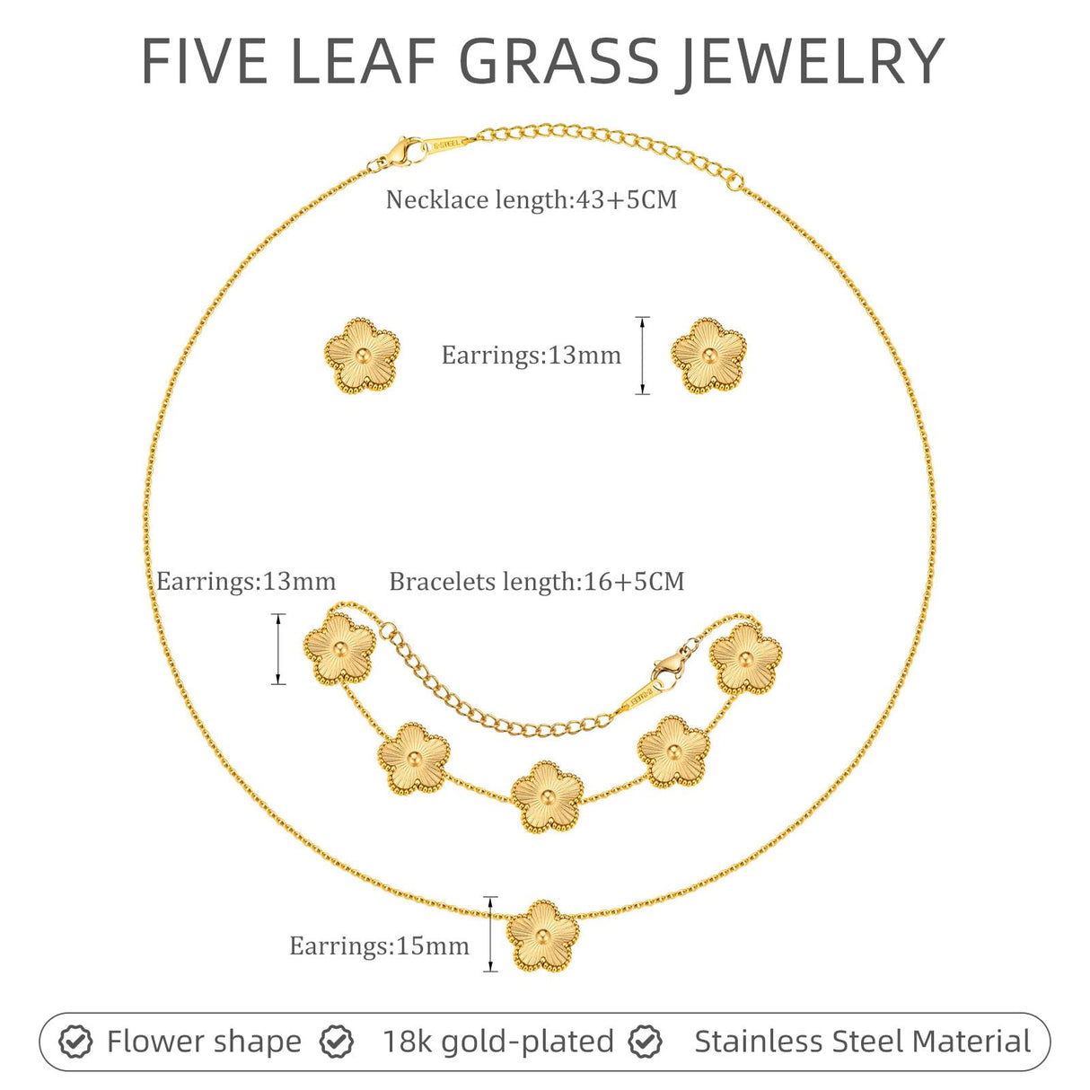 Gold Necklaces Bracelets Earring Set - 18K Gold Plated Flower Bracelet ,Stainless Steel Non Tarnish Floral Pendant Stud Jewelry Sets,Christmas Birthday Lucky Gift for Mom Wife Daughter Girlfriend