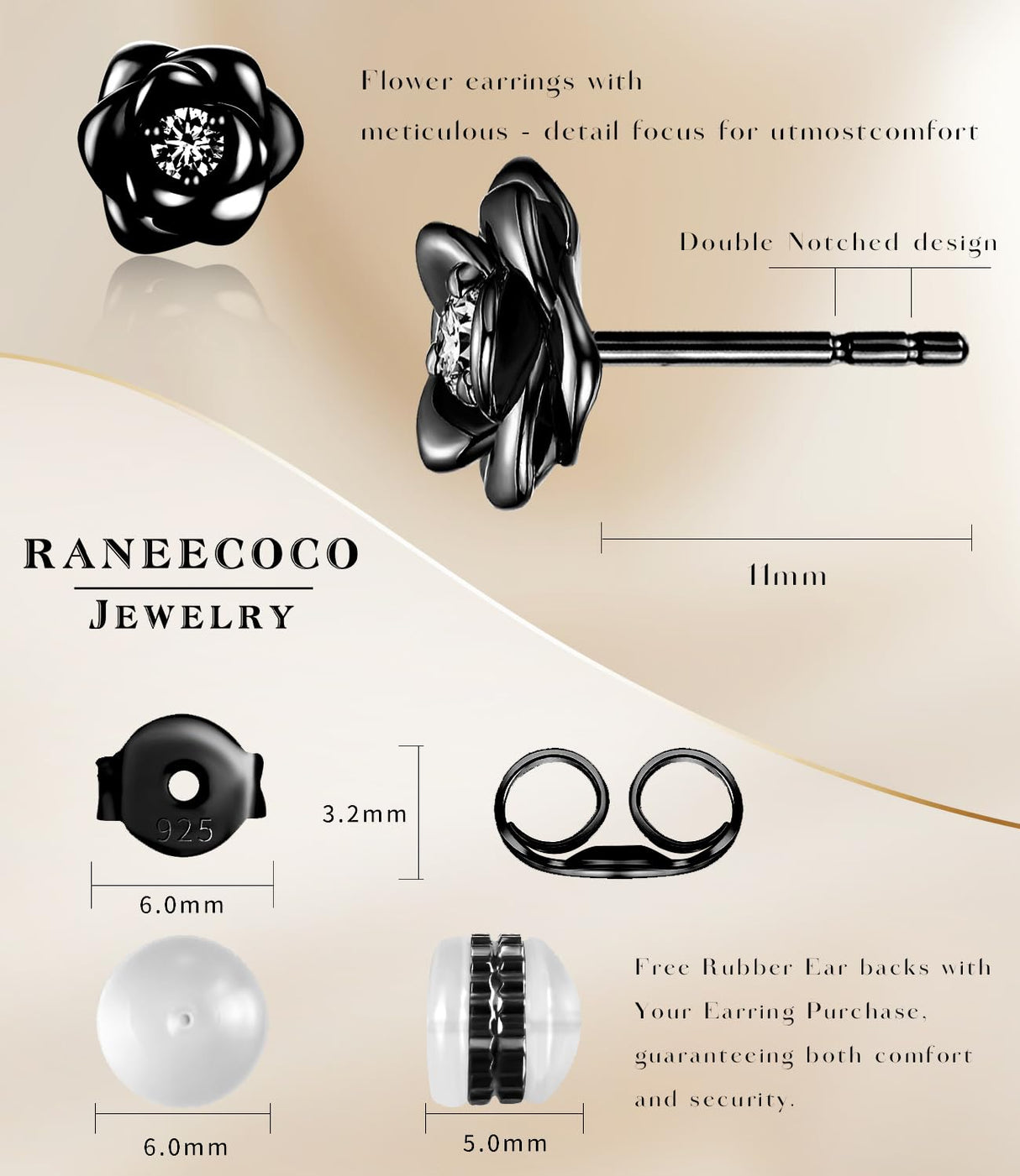 Black Gold Plated Sterling Silver Rose Flower Earring Studs, Hypoallergenic & Nickel Free Earrings for Women(9mm)