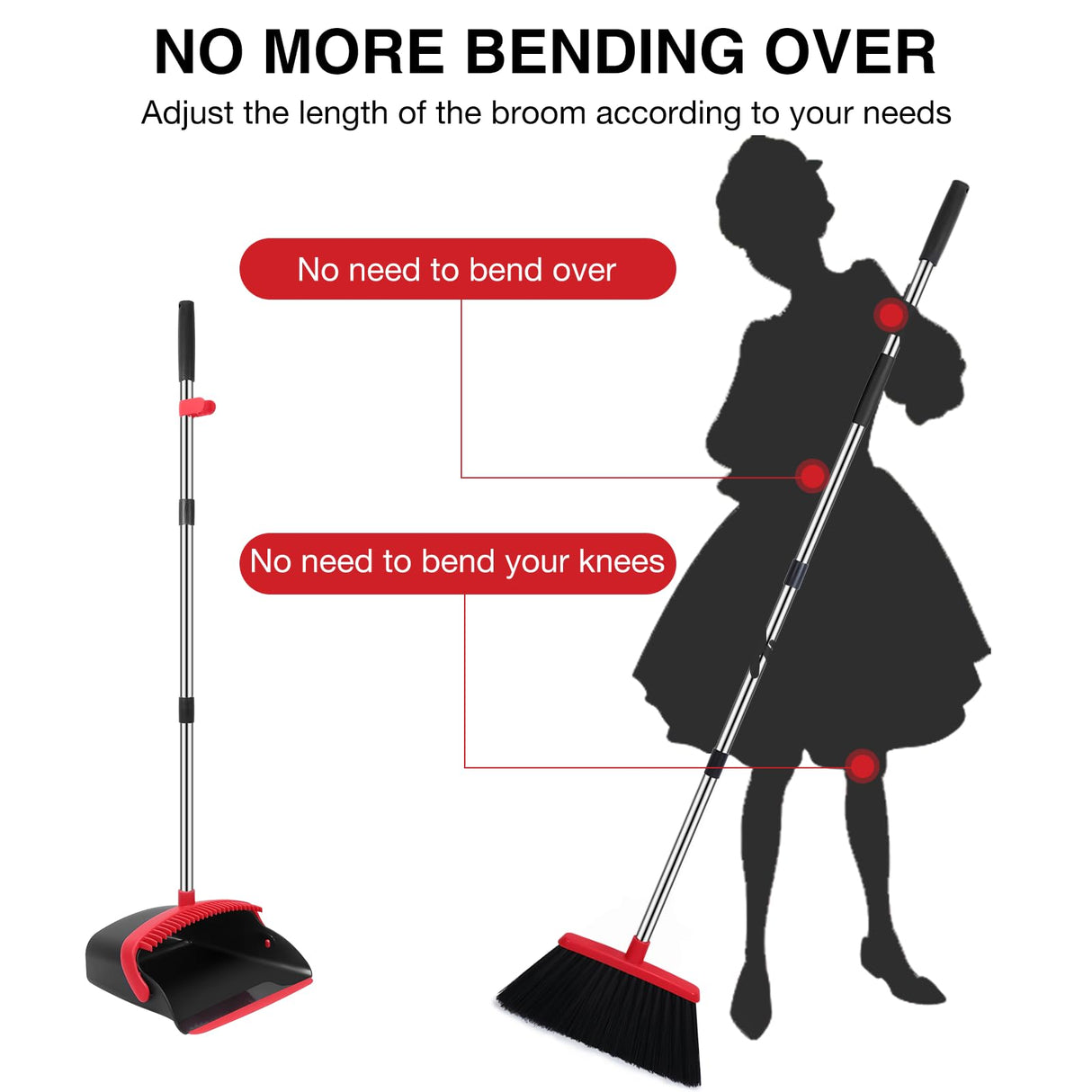 NACENA Broom and Dustpan Set, 52-in Long Adjustable Handle Broom Dustpan Combo with Dustpan Teeth to Automatically Clean Hair Suitable for Home Kitchen Office Hall Floor (Black&Red), 2 Pack