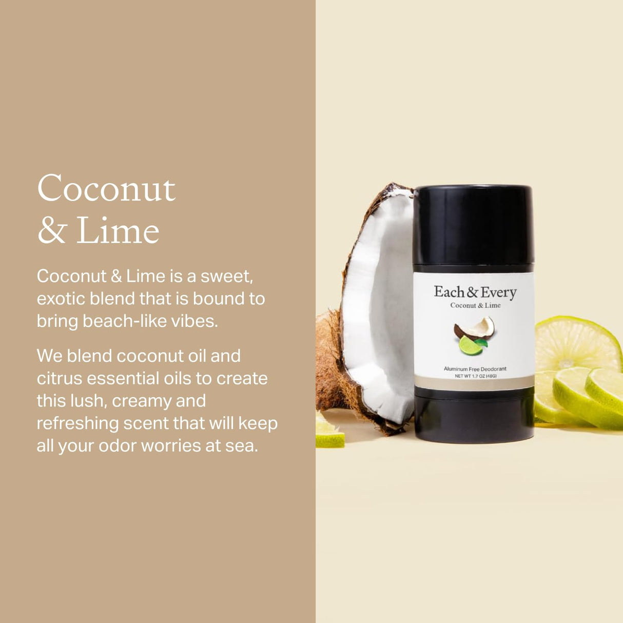 Each & Every All Natural Deodorant for Women & Men - Sensitive Skin, Plant-Based, Baking Soda & Aluminum-Free Deodorant - Long Lasting 24 Hr Odor Control - Coconut & Lime Travel Size (3 Pack, 2.5oz)