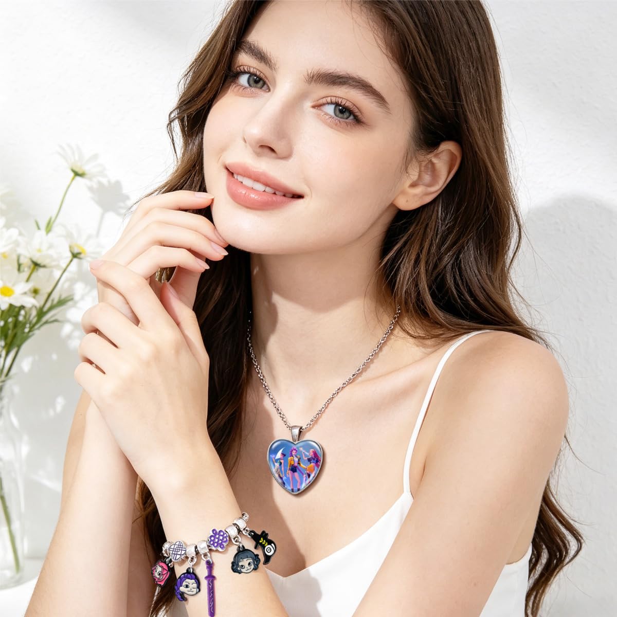 AmaAccess Kpop Charm Bracelet Merch Gifts, Adjustable Cartoon Bangle and Necklace Jewelry Set for Fans Women Christmas Birthday (Set1)