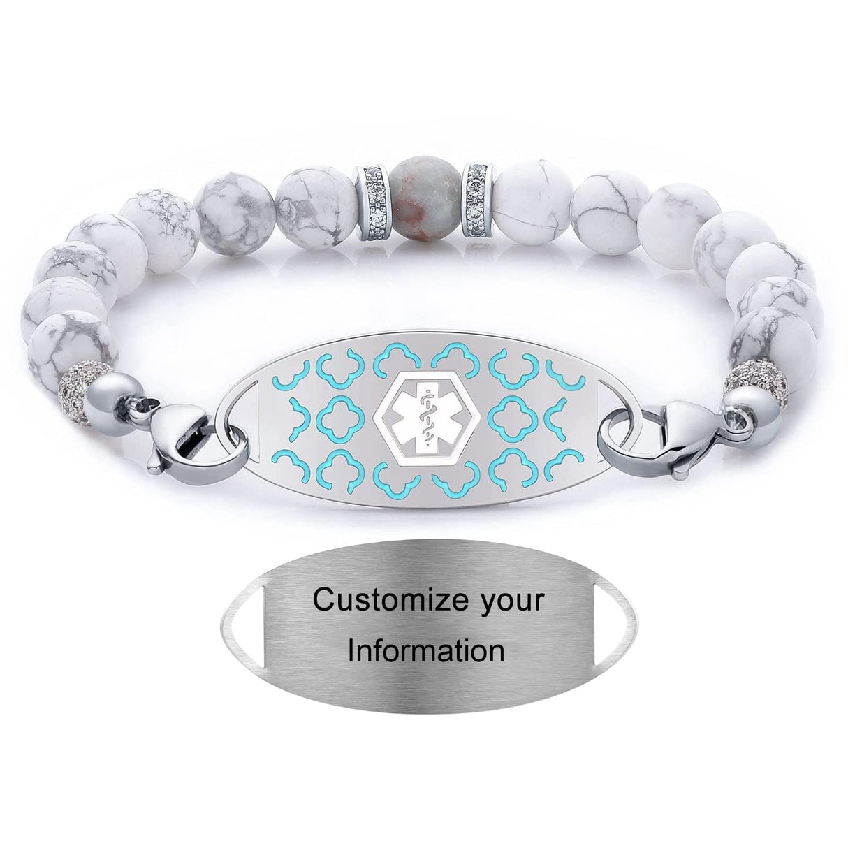 JFJEWER Medical Alert Bracelets for Women Free Engraving, Personalized Customizable ID Bracelet, White Turquoise Beaded Emergency Bracelets - Style 6